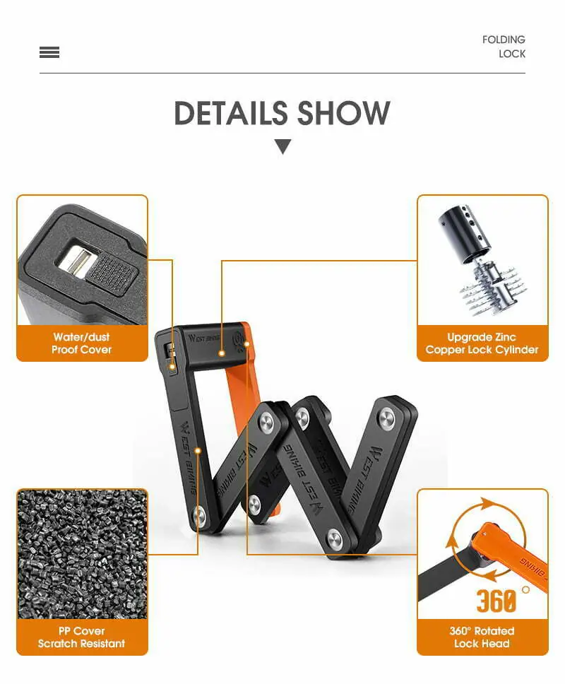WEST BIKING Foldable Bicycle Lock Security Anti-theft Cycling Lock MTB Road Bicycle Accessories Scooter Electric Bike Chain Lock