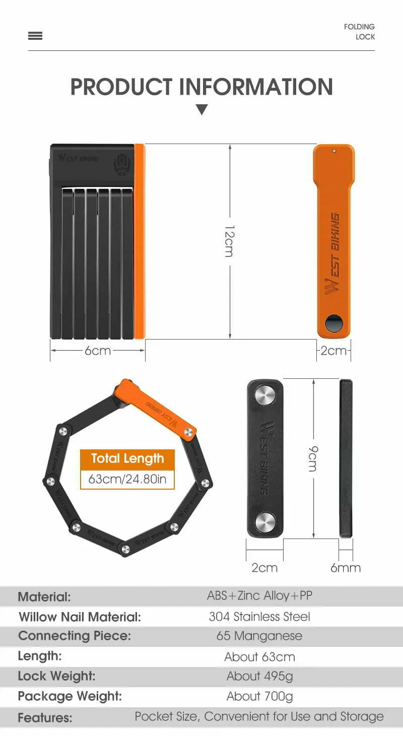 WEST BIKING Foldable Bicycle Lock Security Anti-theft Cycling Lock MTB Road Bicycle Accessories Scooter Electric Bike Chain Lock