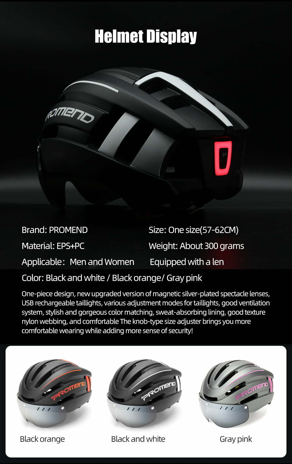 PROMEND Bicycle Helmet LED Light Rechargeable Intergrally-molded Cycling Helmet Mountain Road Bike Helmet Sport Safe Hat For Man